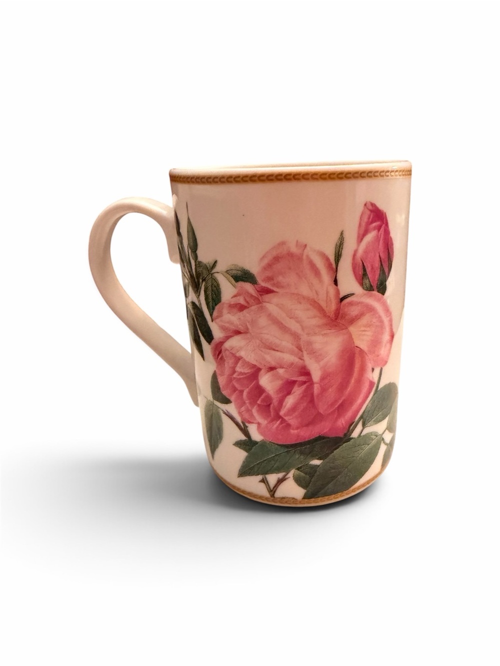 I. Godinger & Co. Pink Rose Ceramic Mug w/Gold Trim (No chips or cracks/2 bumps) - Picture 3 of 10